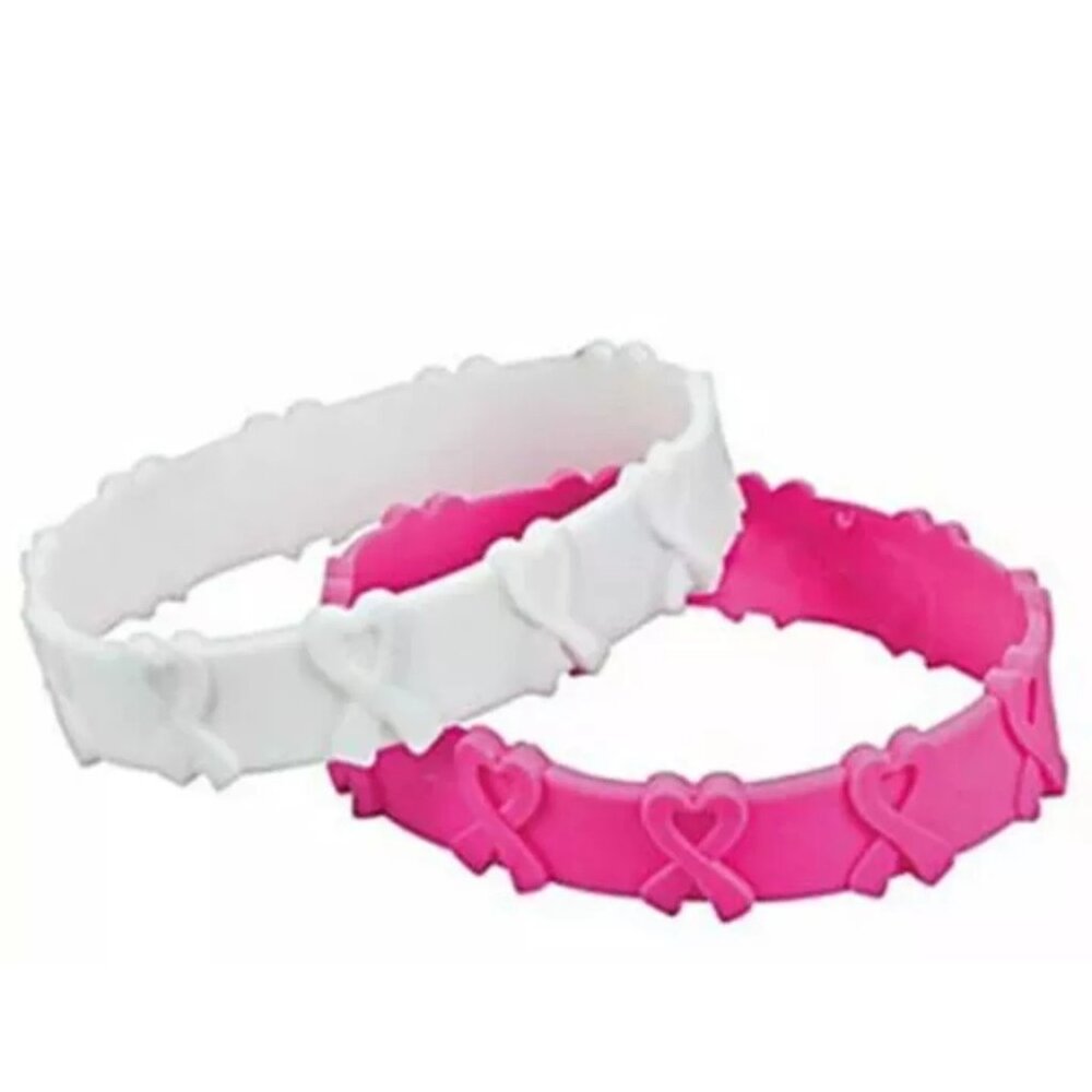 Set of 24 Pink and White Ribbon Pop Out Bracelets Breast Cancer Awareness